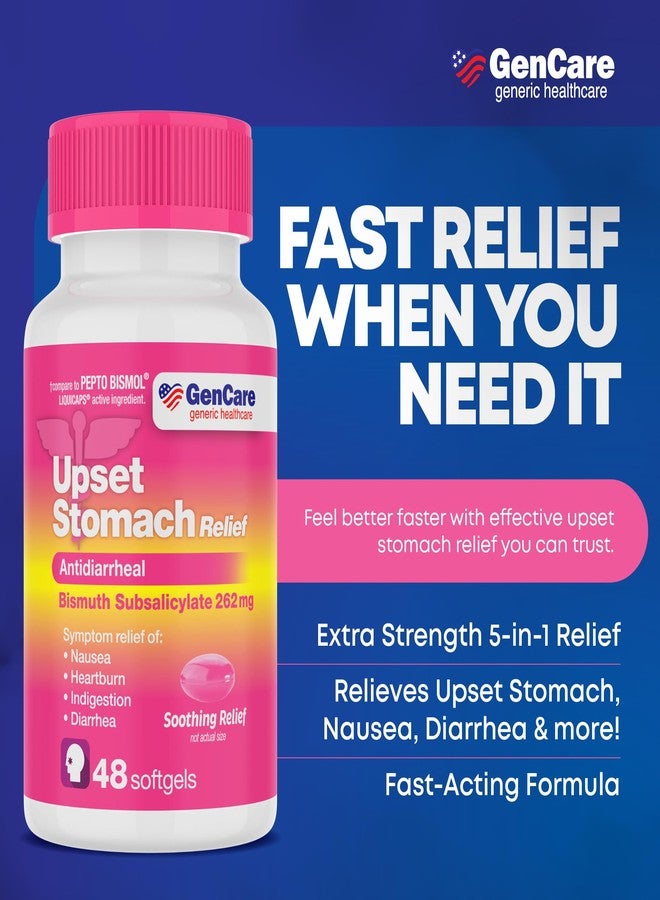 GenCare Upset Stomach Relief – 48 Softgels – Bismuth Subsalicylate 262 mg Antidiarrheal Medication – Acid Reflux Medicine for Nausea, Heartburn & Indigestion Relief – Generic for Pepte Bismol Tablets - Image 2